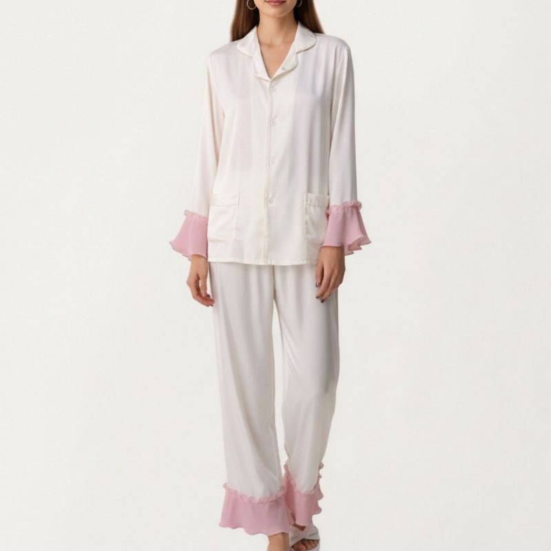 Anna-Kaci Lounge Women's 3-Piece Pajama Set with Button Front Top Relaxed Pants and Matching Adjustable Strap Sleep Cami- Large, White