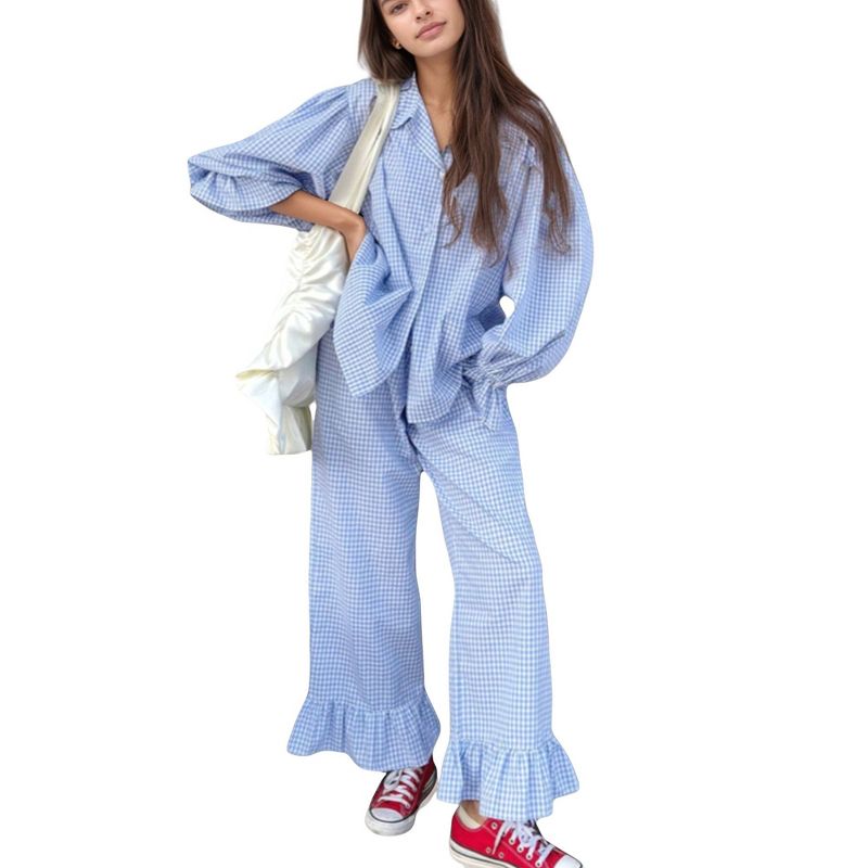 Anna-Kaci Lounge Women's Gingham Button Down Pajama Set with Long Sleeve Collared Top and Ruffle Hem Wide Leg Pants - Large, Blue