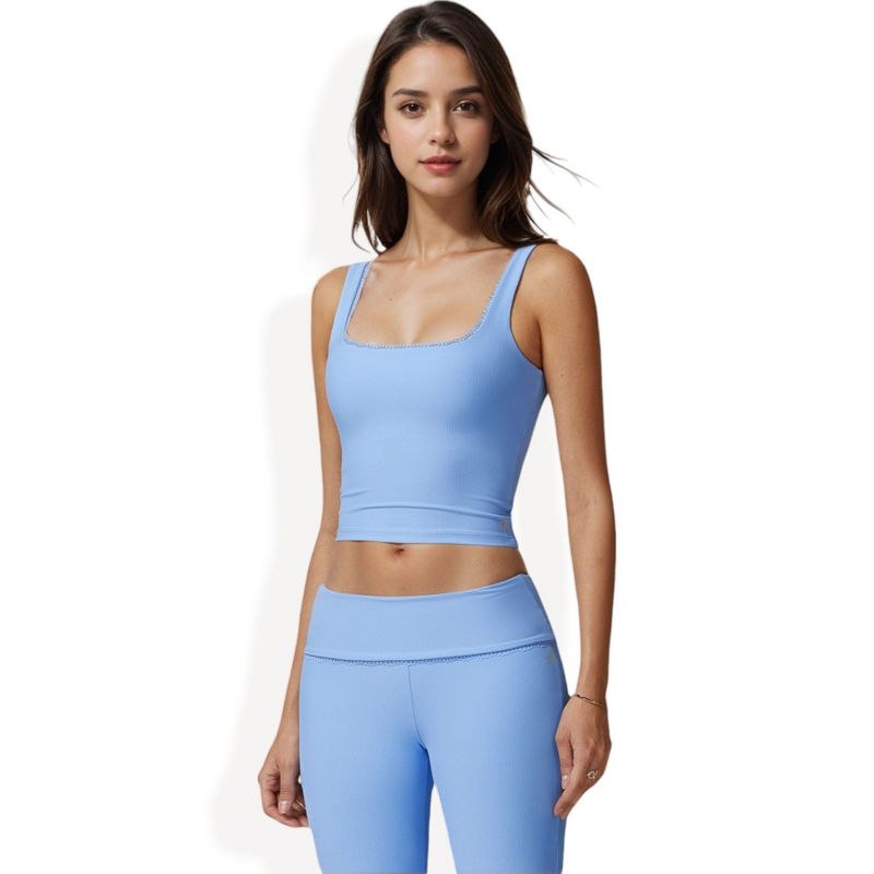 Anna-Kaci Active Women's Square Neck Ribbed Crop Tank Top with Wide Straps- Large, Light Blue