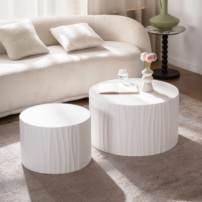 Kumasinova Round Nesting Coffee Table Set of 2,Modern White Wood Center Table with Hand-Carved Pattern,46.45" Side Table for Living Room Furniture