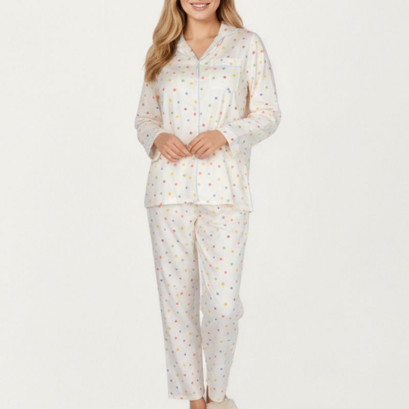 Anna-Kaci Lounge Women's 2-Piece Set Polka Dot Print Button-Up Long Sleeve Pajama Top and Matching Pants - Medium, Light Beige