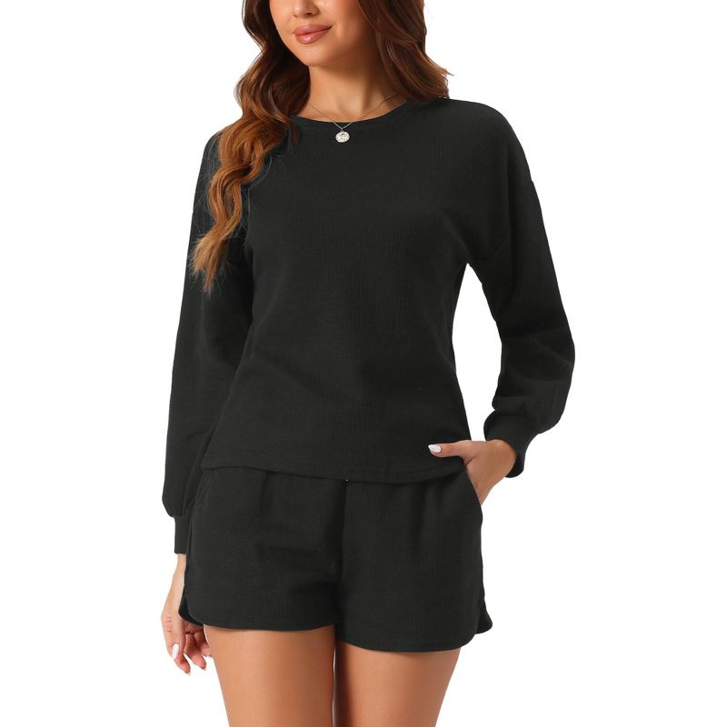 cheibear Women's Long Sleeve Waffle Sweatsuit Set 2 Pcs Black XX-Large