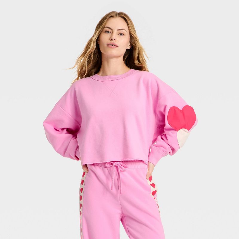 Women's Valentine's Day Patchwork Crewneck Sweatshirt - JoyLab™ Pink XS