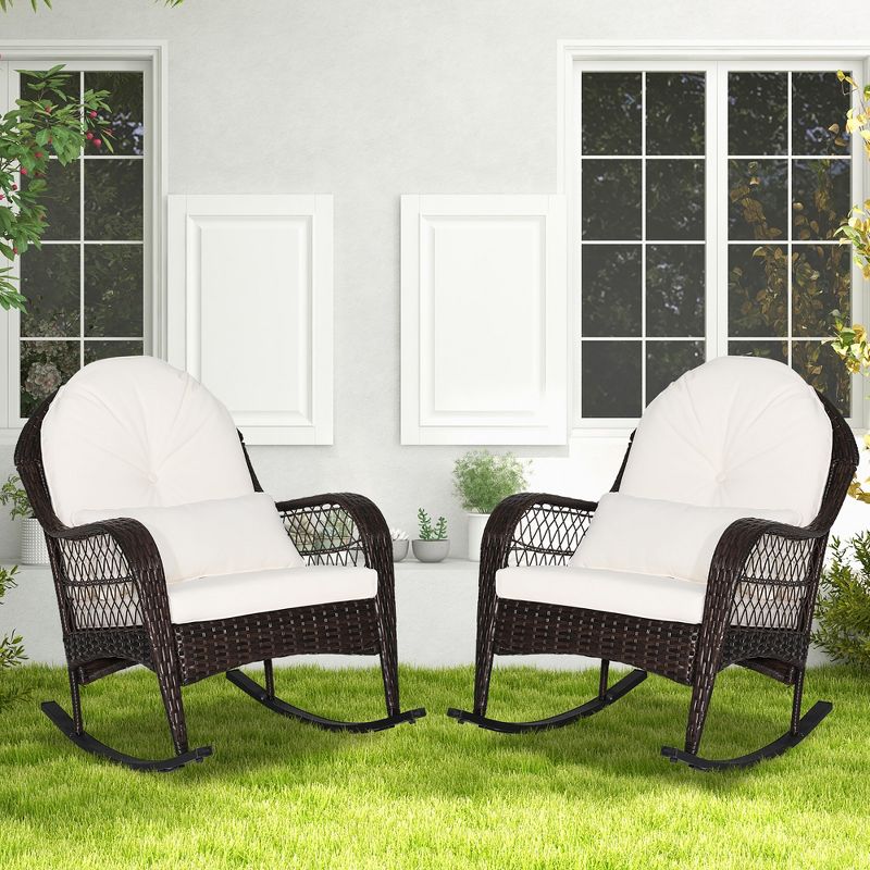 Costway 2PCS Patio Wicker Rocking Chair W/Seat Back Cushions & Lumbar Pillow Balcony White