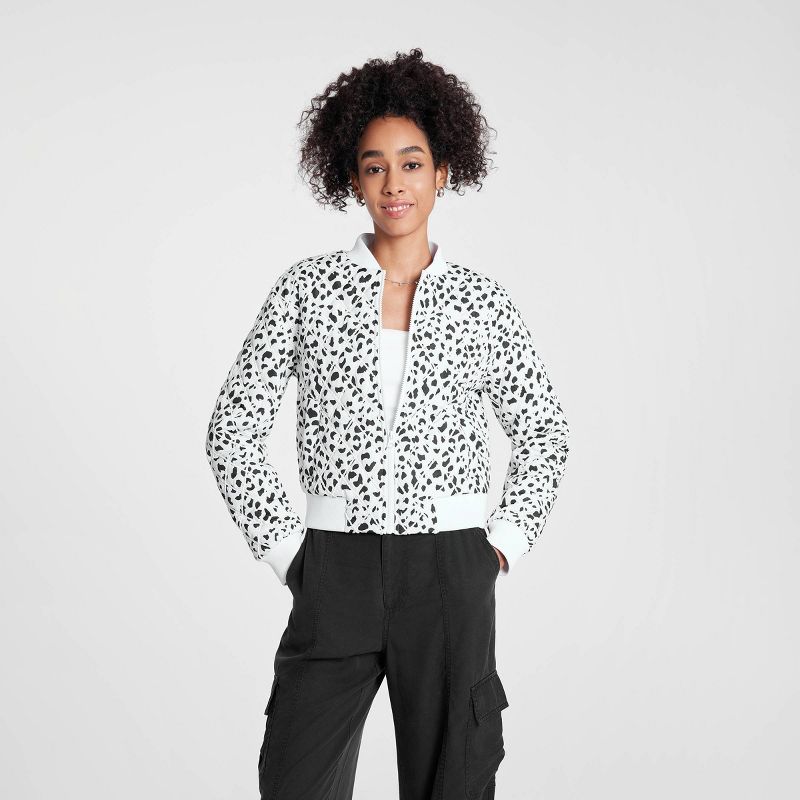 Women's Quilted Bomber Jacket - Wild Fable™ White Leopard Print S