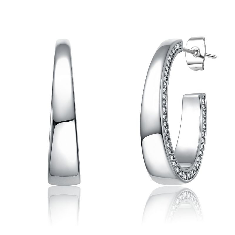 Guili Tapered Glow White Gold Plated Sterling Silver ? C-Hoop Earrings with Cubic Zirconia for a Sleek, Contemporary, and Bold Appeal