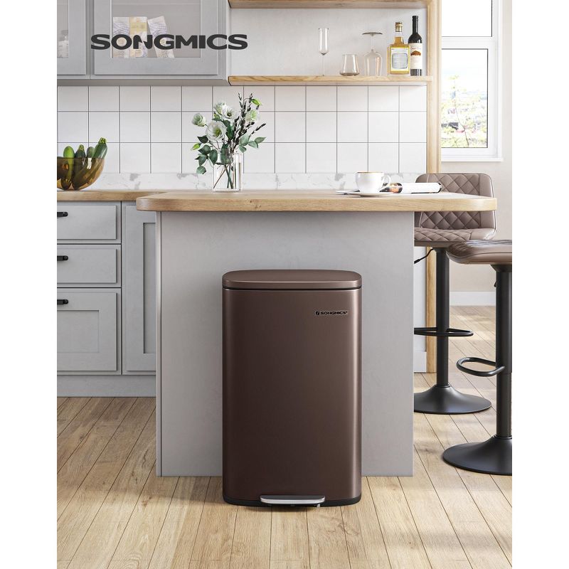 13 Gallon Trash Can, Stainless Steel Kitchen Garbage Can, Recycling or Waste Bin, Soft Close, Step-On Pedal, Removable Inner Bucket, Brown