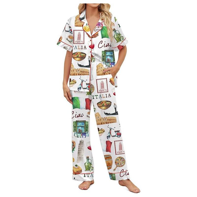 SHESHOW Satin Pajamas for Women Short Sleeve Button Down Sleepwear 2PCS Women Pjs Set with Pocket Italy Travel White L