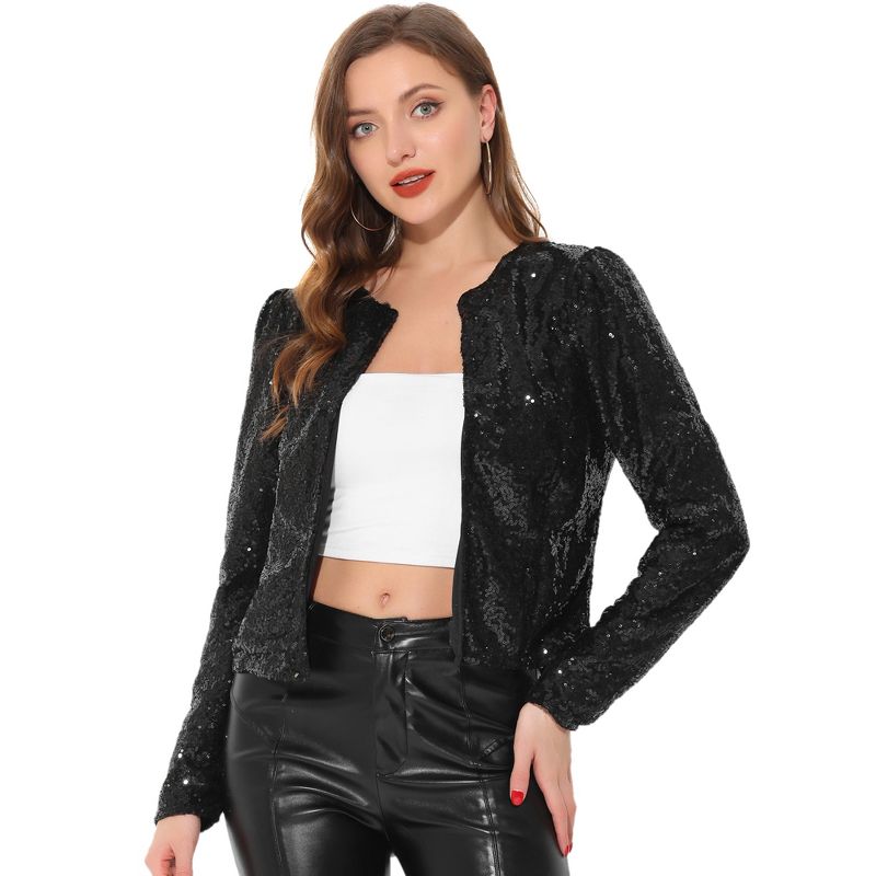 Allegra K Women's Long Sleeve Sparkly Sequin Crop Open Front Jackets Black Large