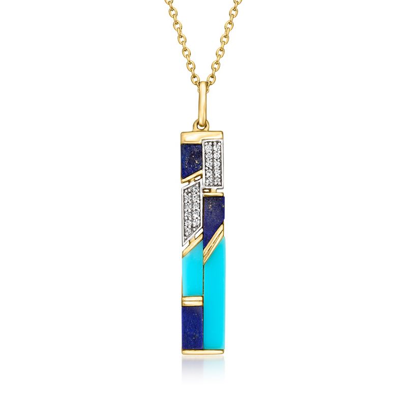 Ross-Simons Turquoise and Lapis Pendant Necklace With .10 ct. t.w. White Topaz in 18kt Gold Over Sterling Size 18