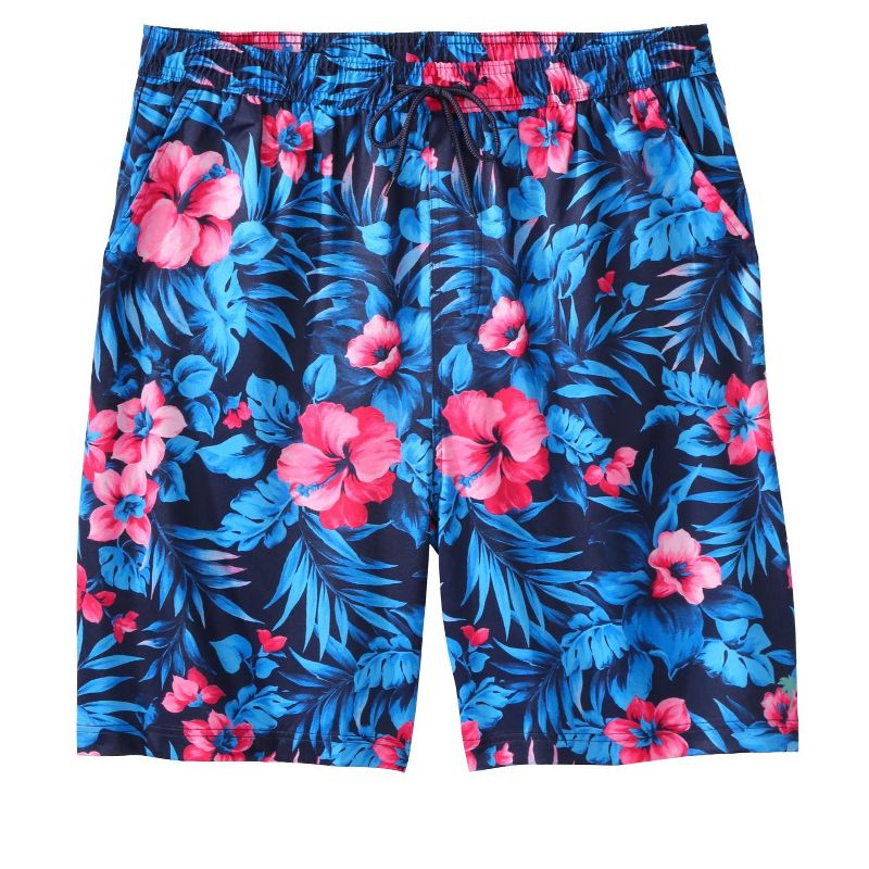 KingSize 8" Swim Trunks With Super Stretch Liner - XL, Blue Exotic Floral
