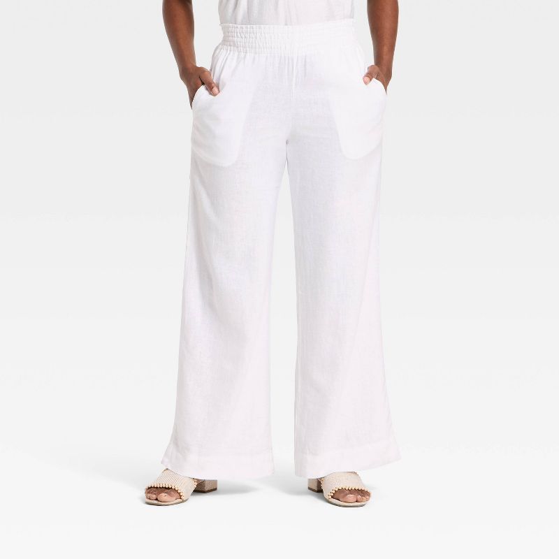 Women's Linen Wide Leg Pull-On Pants - A New Day™ White S