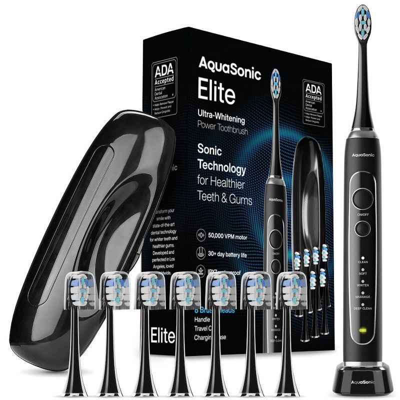 AquaSonic Elite Rechargeable Electric Toothbrush Set - ADA Accepted, 5 Modes, Travel Case, 8 Brush Heads Black