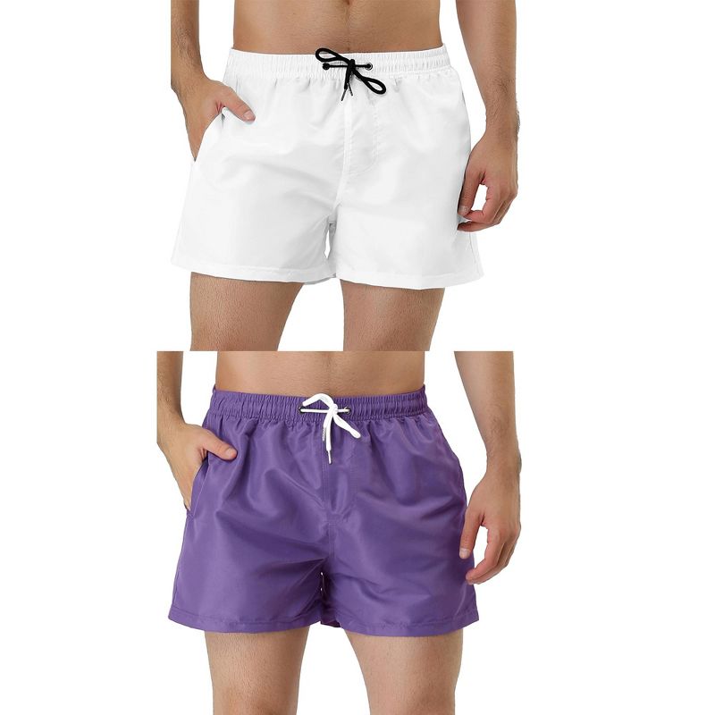 Lars Amadeus Men's Summer Solid Color Drawstring Waist Mesh Lining Bathing Swim Trunks 2 Packs Purple/White 34