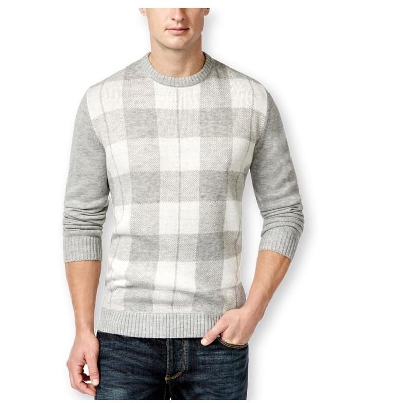 Club Room Mens Buffalo Plaid Pullover Sweater, ltgreyheather, Small