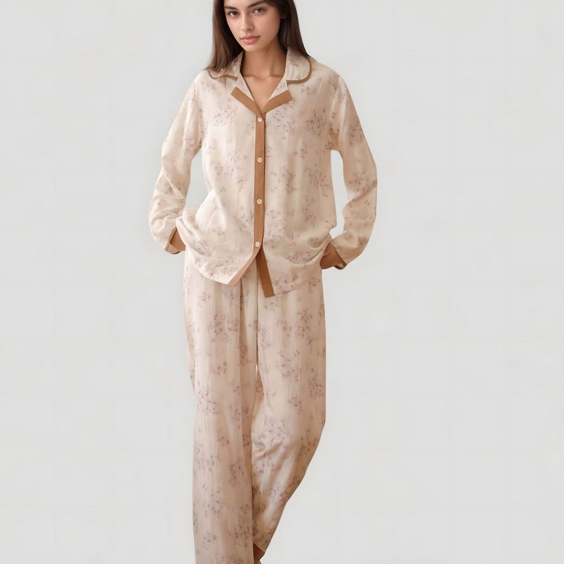 Anna-Kaci Lounge Women's Floral Print Long Sleeve Pajama Set with Contrast Piping Trim and Relaxed Button-Up Shirt - Large, Coffee
