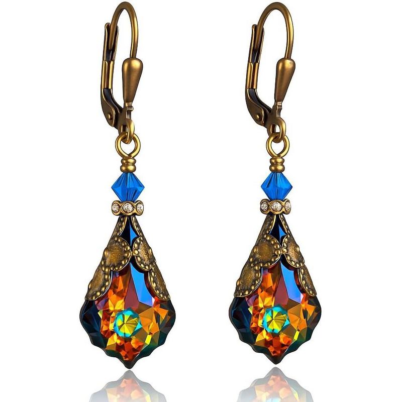Victorian Style Dangle Earrings with Colored Austrian Crystals Gold One Size