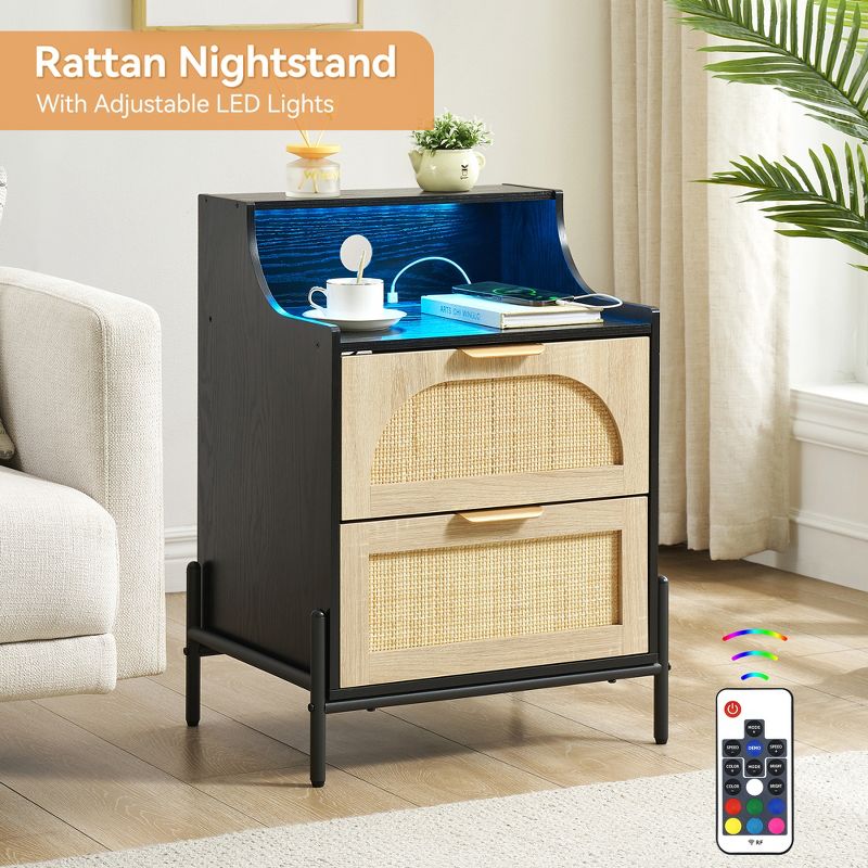 Modern Rattan Nightstand with Charging Station,USB Ports&LED Lights,Bedside Table with 2 Rattan Drawers,for Bedroom, Living Room,Dorm,Small Spaces