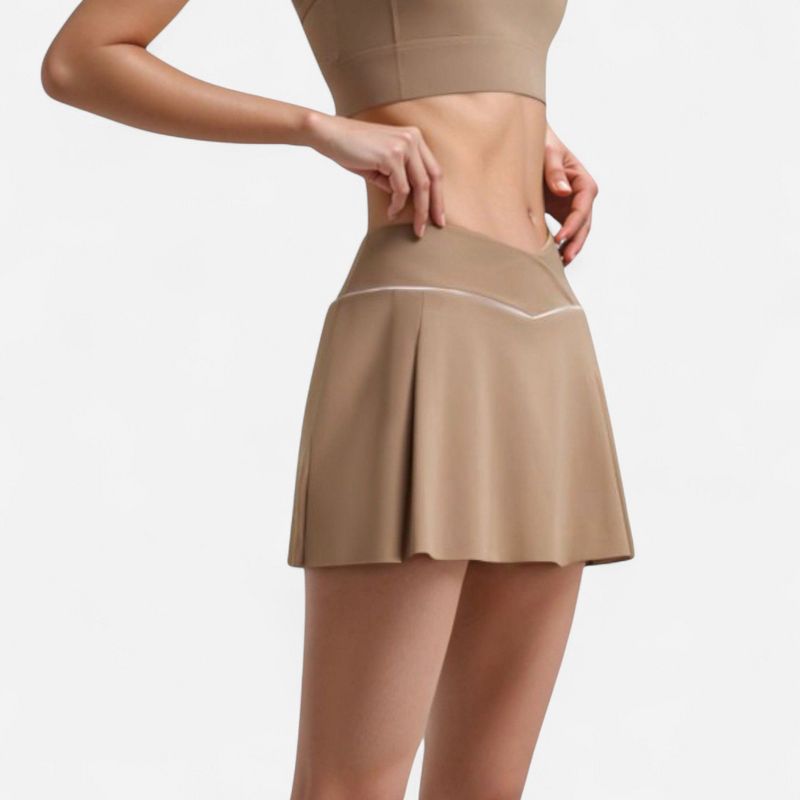 Anna-Kaci Active Women's V Crossover Waist Tennis Skort with Built-In Shorts and White Trim Detail - X Large, Beige