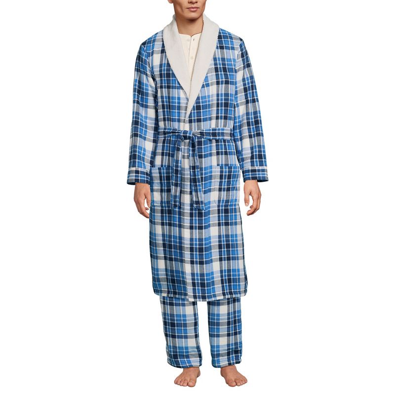 Lands' End Men's High Pile Fleece Lined Flannel Robe - X Large - Muted Cobalt Blue Plaid