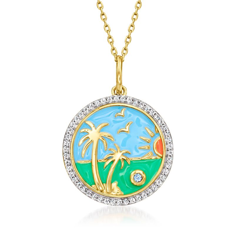 Ross-Simons 0.30 ct. t.w. White Topaz Beach Pendant Necklace With Multicolored Enamel and Swiss Blue Topaz in 18kt Gold Over Sterling Size 18