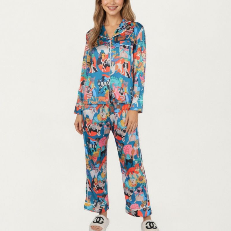 Anna-Kaci Lounge Women's 2-Piece Set Long Sleeve Button Front Top and Relaxed Fit Pants Pajama Set with Playful Dog Print - Large, Blue