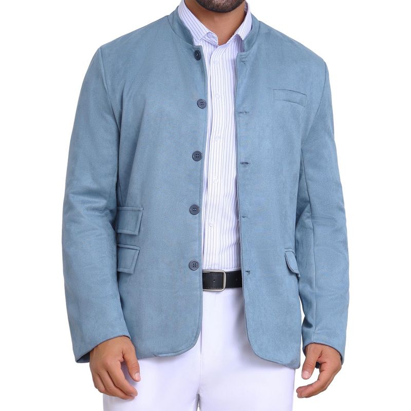 INSPIRE CHIC Men's Casual Stand Collar Single Breasted Suede Blazer Blue Medium