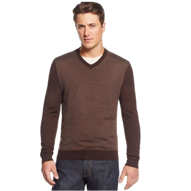Club Room Mens Merino Wool Herringbone Pullover Sweater, coffeebean, Big 2X