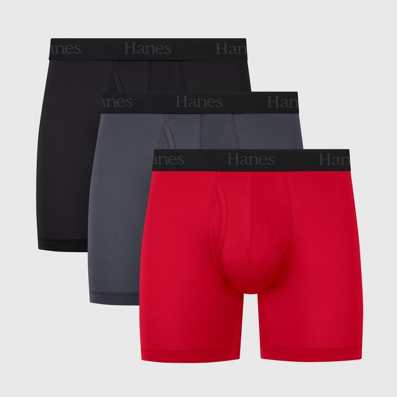 Hanes Originals Premium Men's Super Stretch Boxer Briefs 3pk - Gray/Red/Black S: Lightweight, Tagless, Moisture Wicking, Quick Drying, Breathable