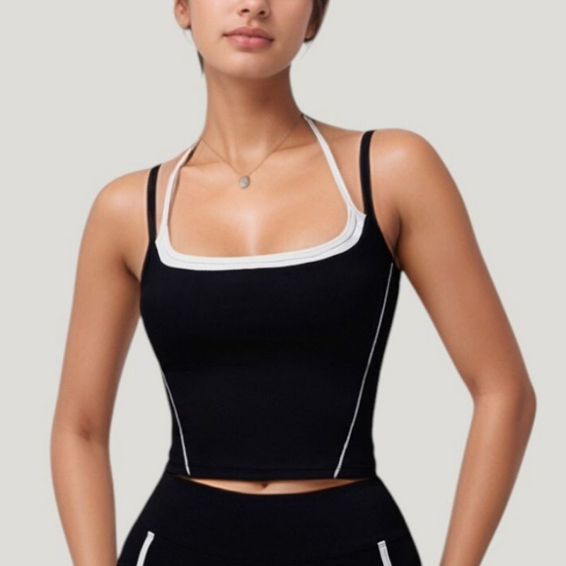 Anna-Kaci Active Women's Double Strap Square Neck Activewear Crop Top with Contrast Trim and Streamlined Athletic Fit - Medium, Black