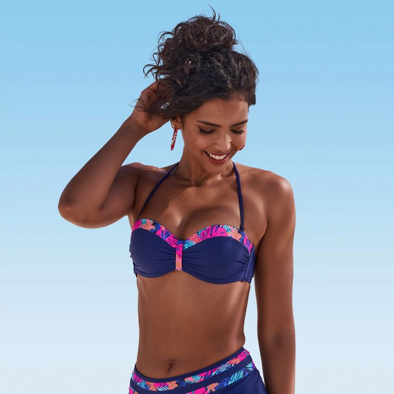 Women's Gathered Detail Bandeau Bikini Swimsuit Top Bra Sizing - LASCANA - Navy & Pink Floral 34DD