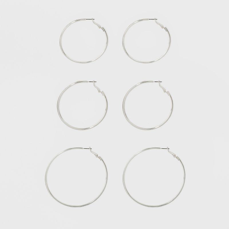 Thin Clickback Hoop Earring Set 3ct - A New Day™ Silver: Leverback Closure, Brass Nickel-Free Metal, 16+ Age, 2" Diameter