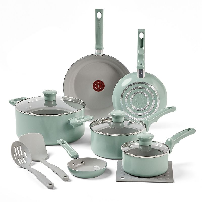 T-fal 12pc Ceramic Nonstick Cookware Set, Refresh Ceramic, Mint Green