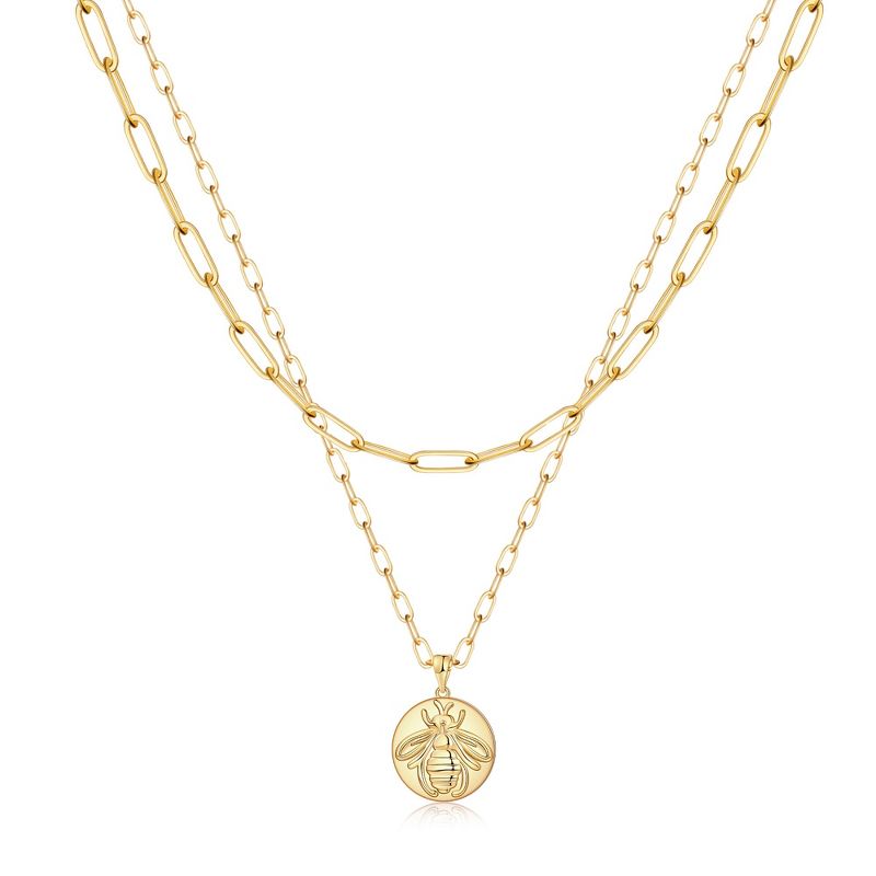 Turandoss 18K Gold Bee Layered Necklaces for Women - Dainty Coin Stacked Choker Pendant Necklace, Paperclip Chain, Gold Jewelry for Women, 14+2/16+2In