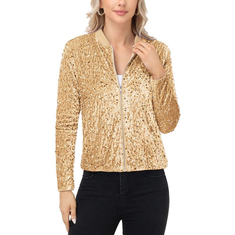 Anna-Kaci Women's Sequin Bomber Jacket with Front Zipper Closure and Ribbed Trim - X Large, Gold