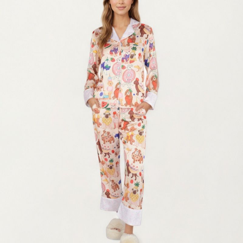 Anna-Kaci Lounge Women's 2-Piece Set Long Sleeve Button Front Top and Relaxed Fit Pants Pajama Set with Fun Dog Print - Medium, Light Beige