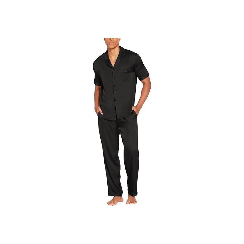 Ekouaer Men Satin Silk Pajamas Set 2 Piece Button Down Sleepwear Long Pants Loungewear with Pockets Black L Black L