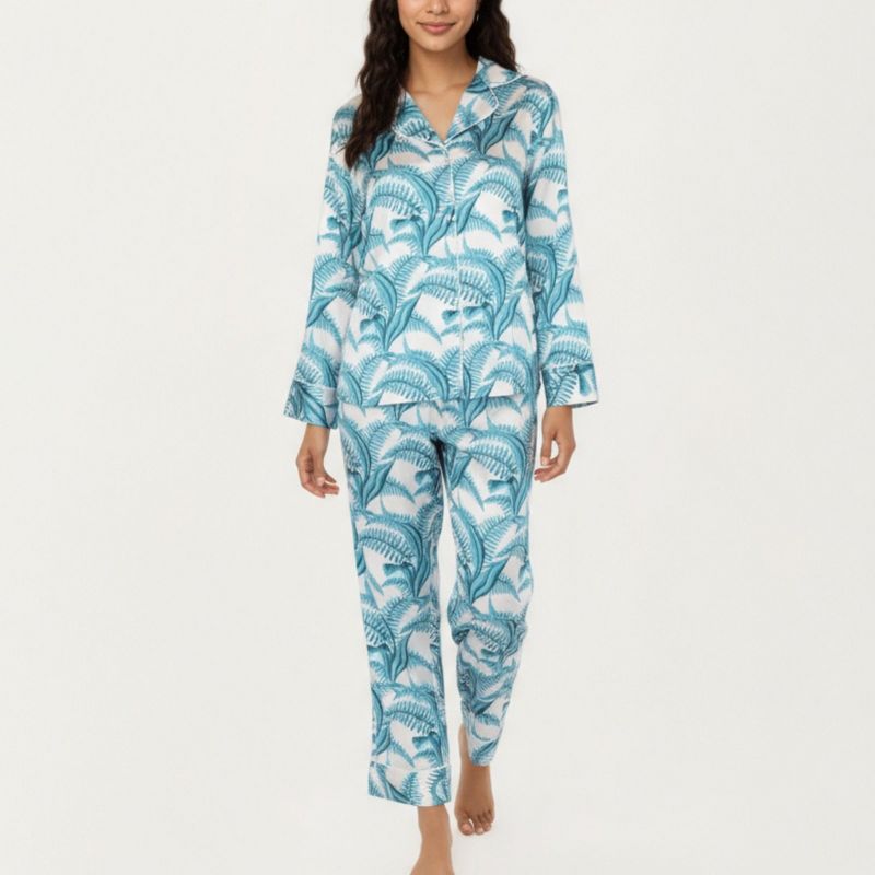 Anna-Kaci Lounge Women's 2-Piece Set Long Sleeve Button Front Pajama Set with Tropical Leaf Print and Soft Silky Fabric - Medium, Blue