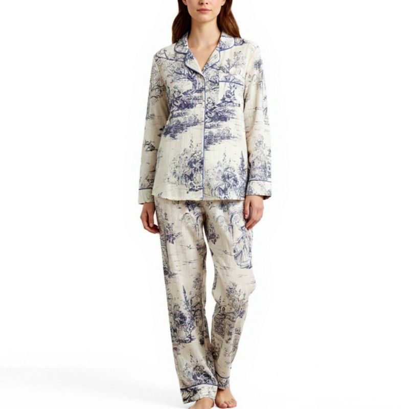Anna-Kaci Lounge Women's Printed Button-Up Pajama Set with Piping Details - Large, Navy
