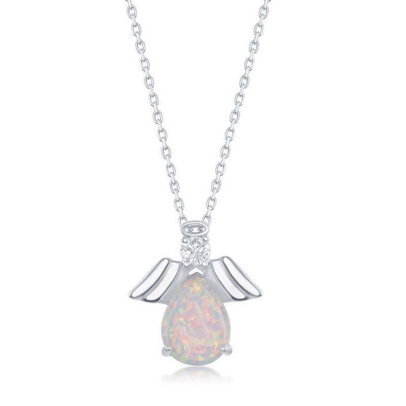 Opalata Sterling Silver Pear-Shaped White Opal with CZ Angel 18" Pendant Necklace - Silver