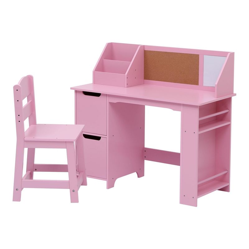 Kids Desk and Chair Set with Drawers, Wooden Children Table with Features Bookshelf/Bulletin Board/Cabinets, for Children Ages 3-8, Pink