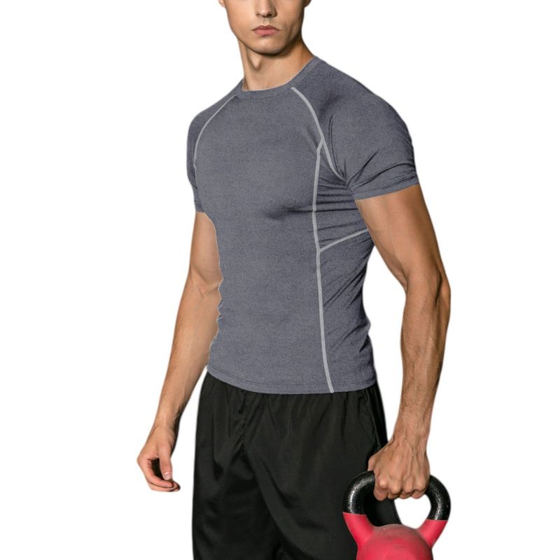 Anna-Kaci Active Men's Short Sleeve Compression Workout Shirt with Moisture-Wicking Fabric and Contrast Stitching - Small, Gray