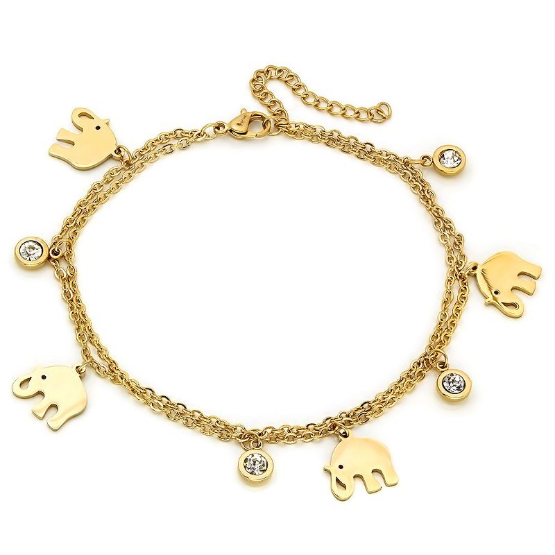 Steeltime Ladies 18k gold plated stainless steel anklet with elephant and adorned with crystals charms