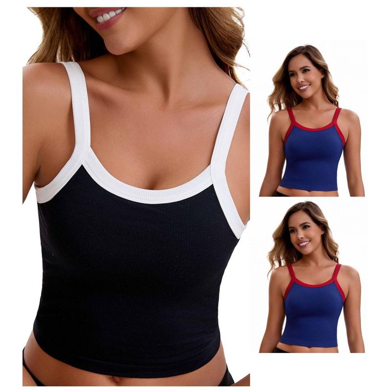 INSPIRE CHIC Women's 3 Packs Spaghetti Strap Camisole Sleeveless Contrast Color Cropped Tank Top 1 Black & 2 Navy Blue Large