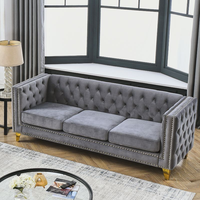 KTMBDW Velvet Sofa, Tufted Sofa with Trimmed Nailhead and Metal Legs, Chesterfield Sofa with Square Armrest & Upholstered for Living Room, Gray
