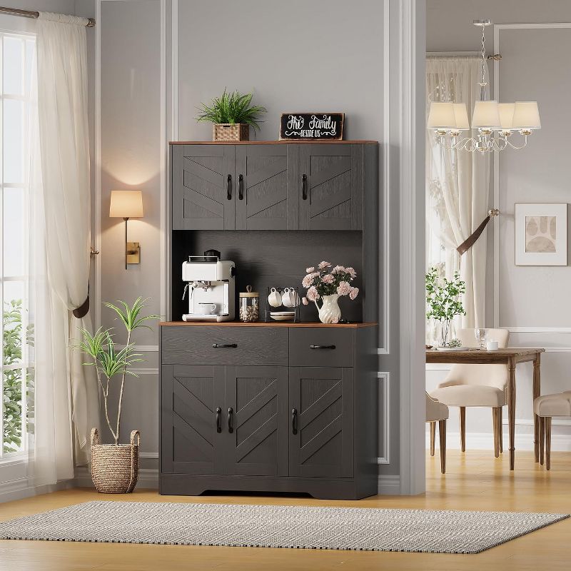 71" Pantry Cabinet with Charging Station, Kitchen Pantry Storage Cabinet with Drawers and Countertop, Farmhouse Kitchen Hutch Cabinets Food Pantry