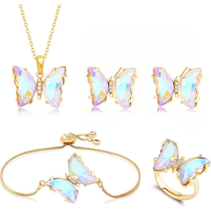 Iridescent Butterfly Jewelry Set - Crystal Necklace, Earrings & Adjustable Ring, Y2K Dainty Gift