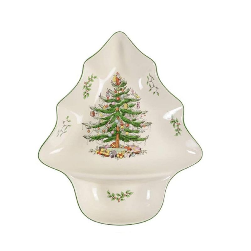 Spode Christmas Tree Chip and Dip Tree-Shaped Dish - 14-Inch Porcelain Holiday Serveware - Dishwasher, Microwave, Freezer Safe
