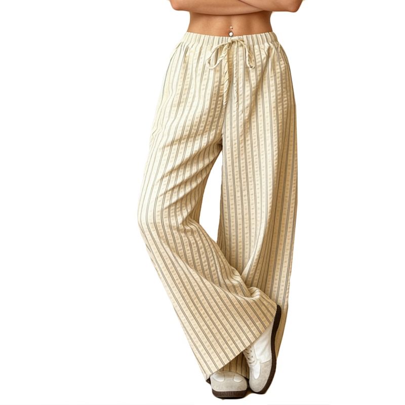 Women's High Waisted Wide Leg Pants, Lightweight Striped Palazzo Trousers with Drawstring Yellow L