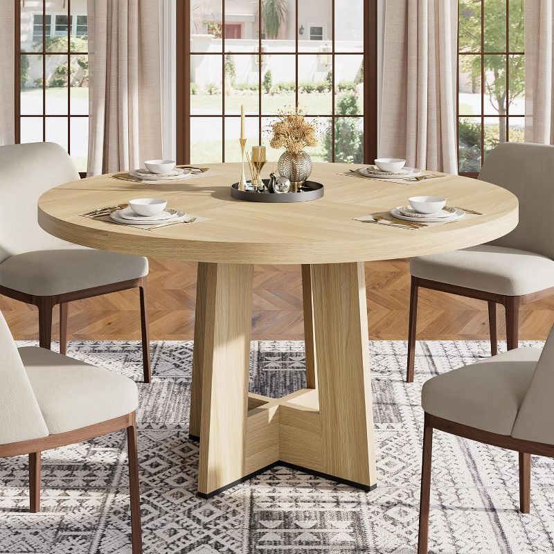 47"Round Dining Table for 4-6 People, Circle Kitchen Dinner Table with Sturdy Pedestal Base, Space Saving Dinning Furniture for Living Room, Kitchen